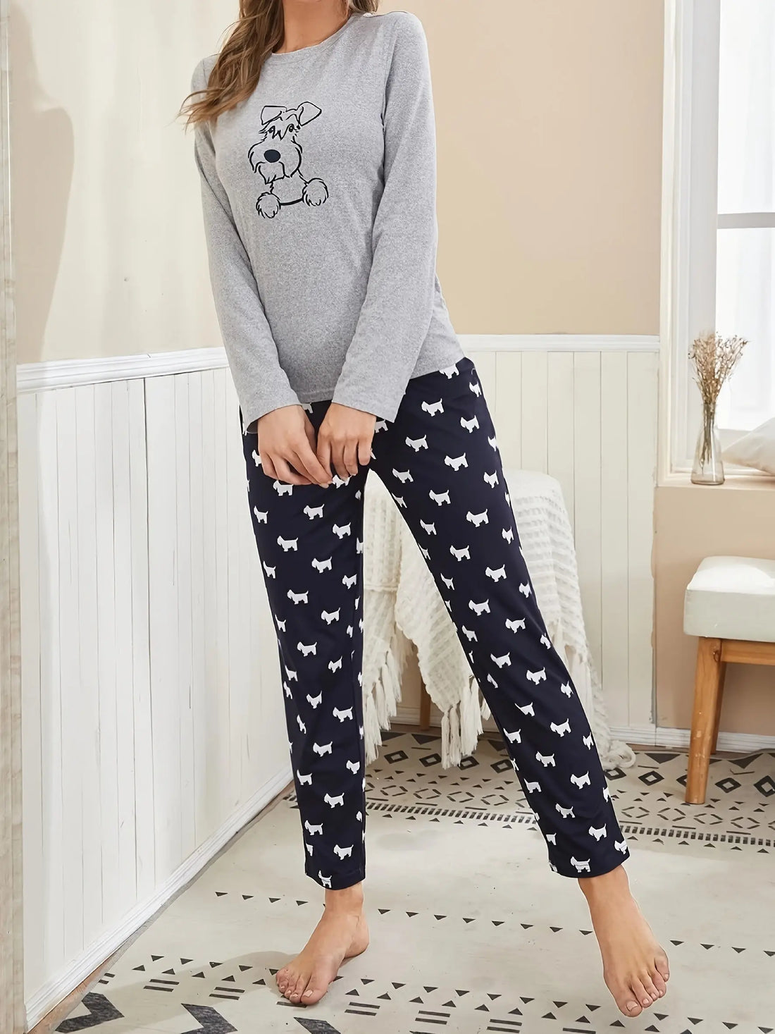 Cartoon Dog Print Pajama Set, Long Sleeve Crew Neck Top & Elastic Waistband Pants, Women's Sleepwear & Loungewear Lady T Fashions