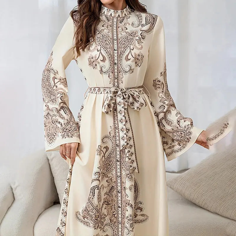 Women's Vintage High-Neck Floral Maxi Dress Loose Long Sleeve, Adjustable Waist Belt, Middle Eastern Inspired Holiday Dress Ankle-Length Gown Lady T Fashions
