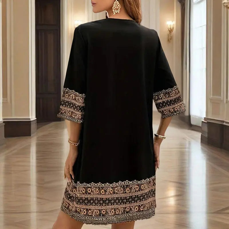 Women's V-Neck Middle Eastern Style Floral Print Midi Dress - Elegant Sleeve Design Lightweight Perfect For Spring&Summer Vacation & Daily Wear Lady T Fashions