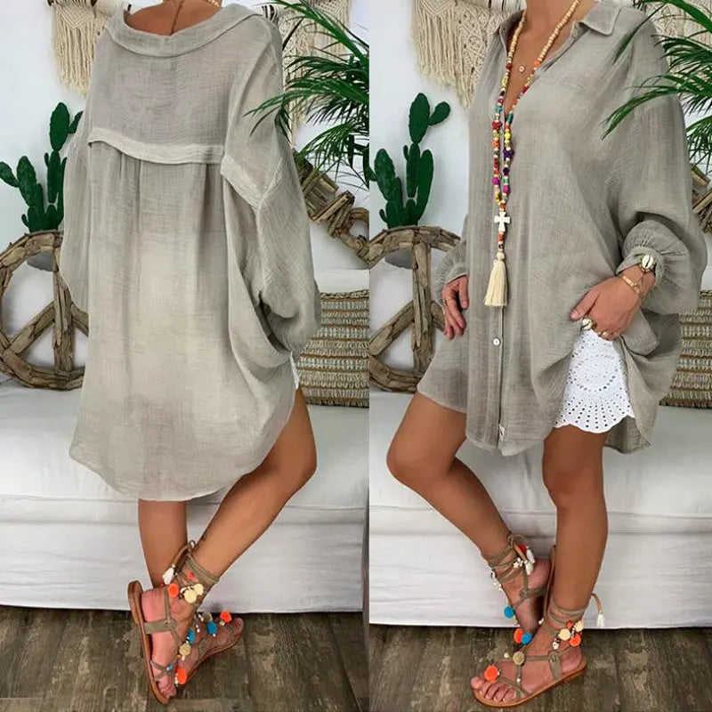 Plus Size Women's Solid Color Notch Lapel Long Sleeve Dress With Button Front Sheer Lightweight Midi Dress For Summer Lady T Fashions