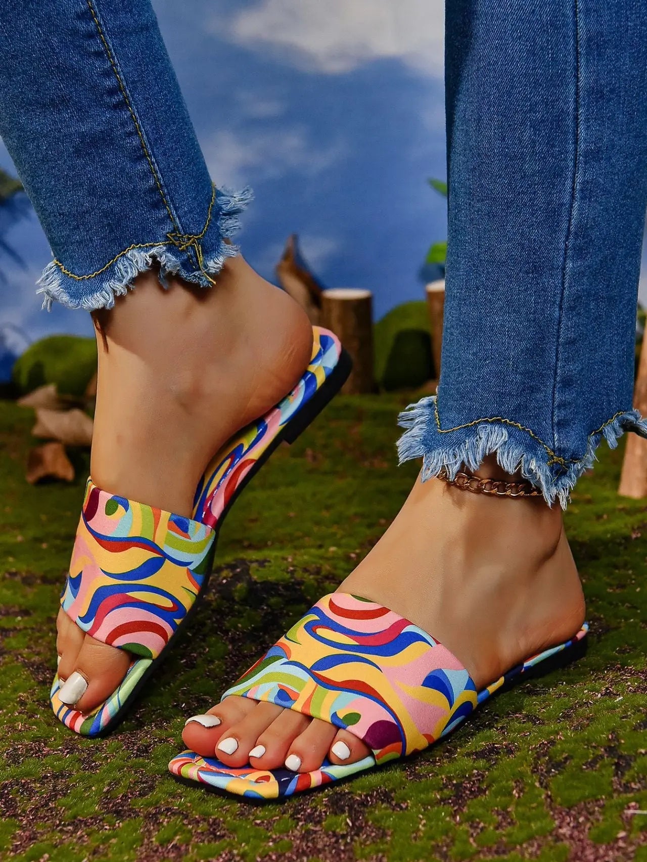 Graffiti Flat Slippers Outdoor Candy Color Square Toe Beach Sandals Lady T Fashions