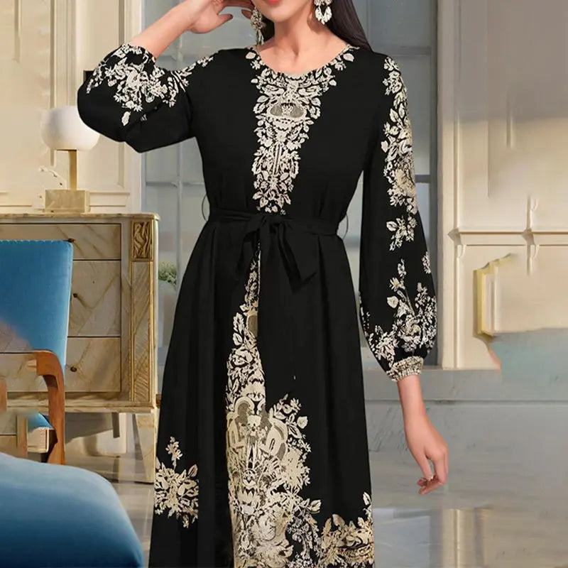 Women's Bohemian Floral Print Dress Ethnic Middle Eastern Style Long Sleeve Tiered Maxi Dress With Drawstring Waist Lady T Fashions