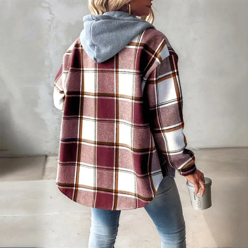 Women's Plaid Drawstring Hoodie Long Sleeve Shirt Button Front Casual Tops Spring&Fall Fashion Minimalist Style Lady T Fashions