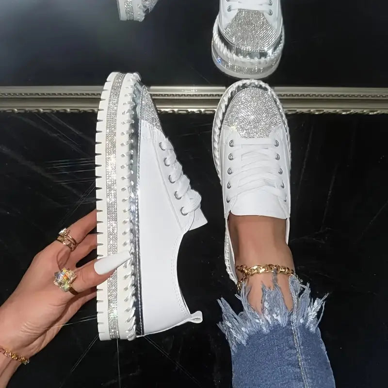 Comfortable Low Top Rhinestone Decor Sneakers - Casual Lace Up Outdoor Shoes for Plus Size Women Lady T Fashions