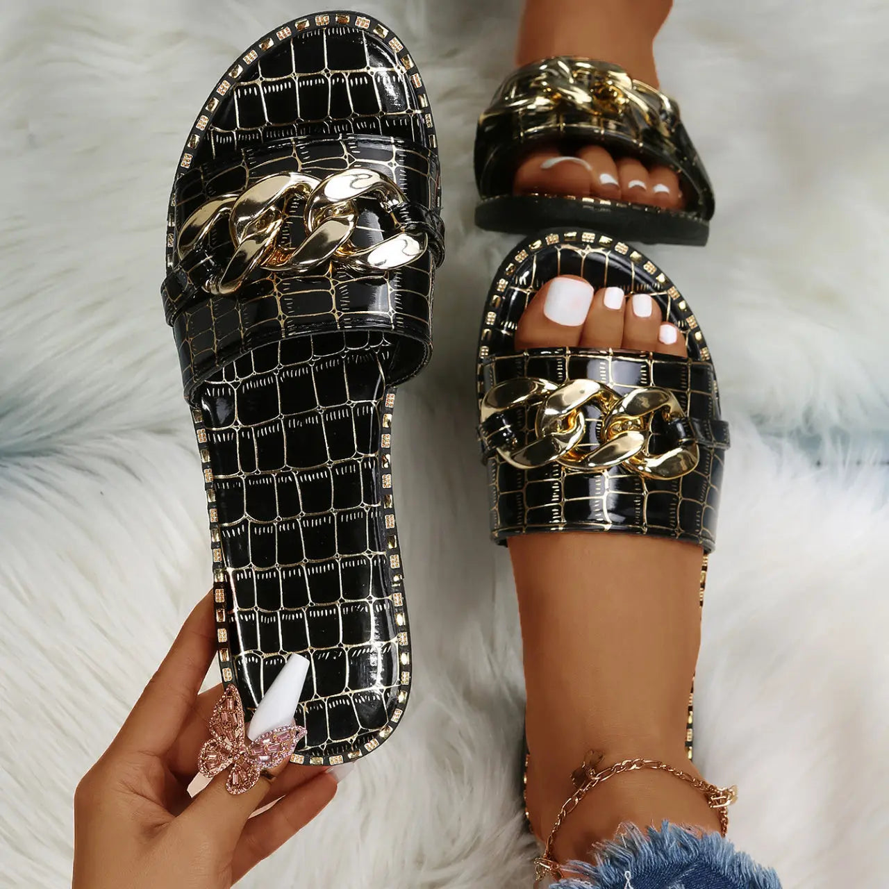 Women's Metal Chain Decor Flat Slippers, Fashion Open Toe Non Slip Slides Shoes, Casual Outdoor Slippers Lady T Fashions