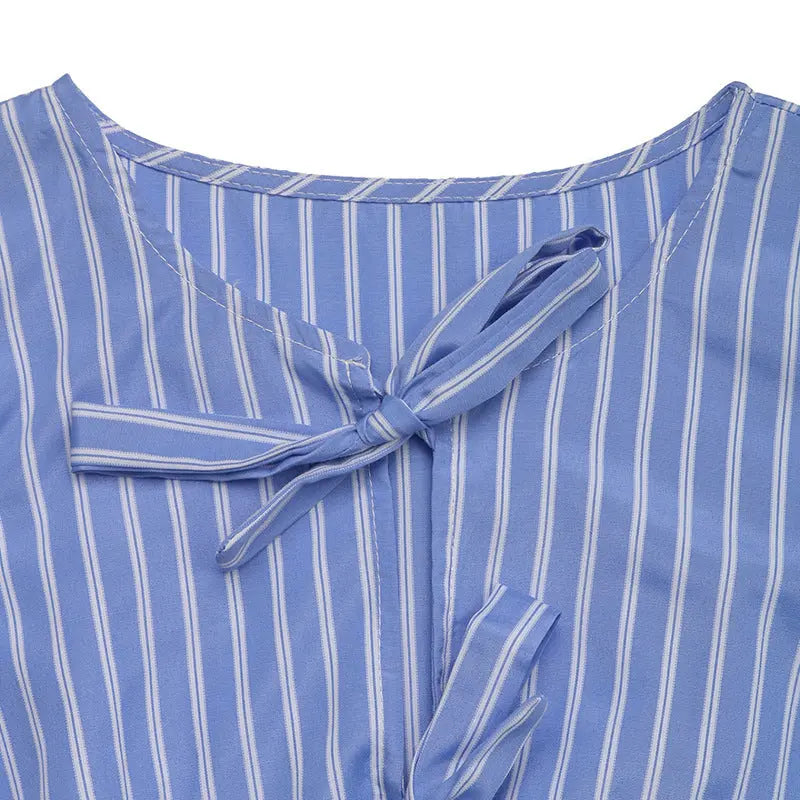 Women's Striped Tie Front Puff Sleeve Summer Casual Mini Dresses Loose Flowy Sundress Lady T Fashions