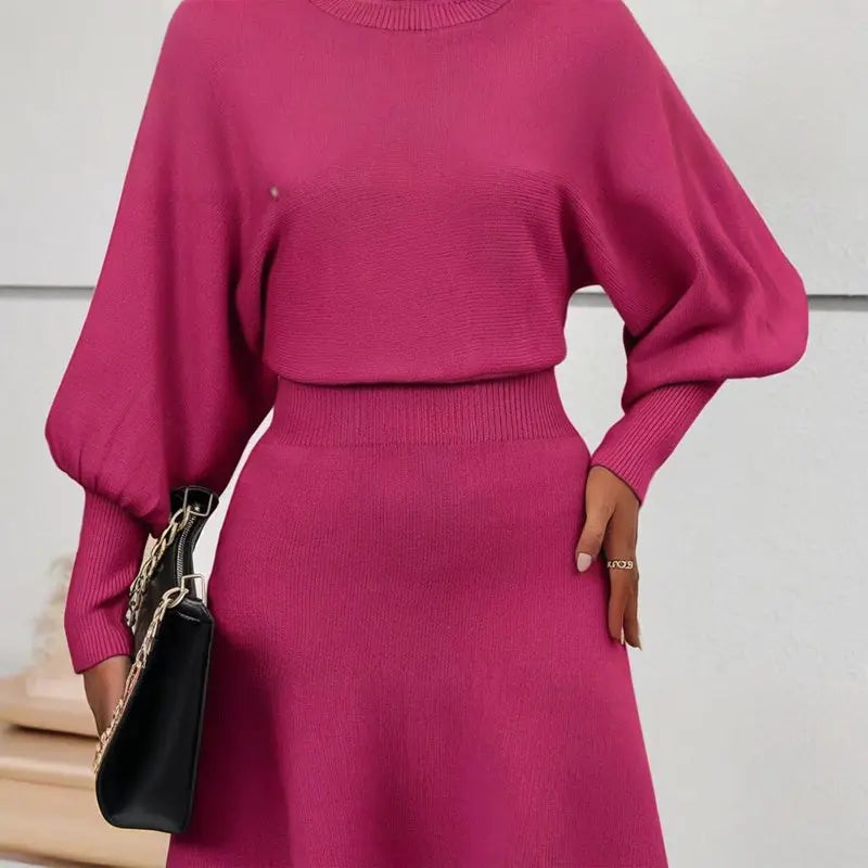Women's Solid Color Round Neck Lantern Sleeve Bodycon Dress - Elastic Waist Knee-Length Knit Dress Lady T Fashions