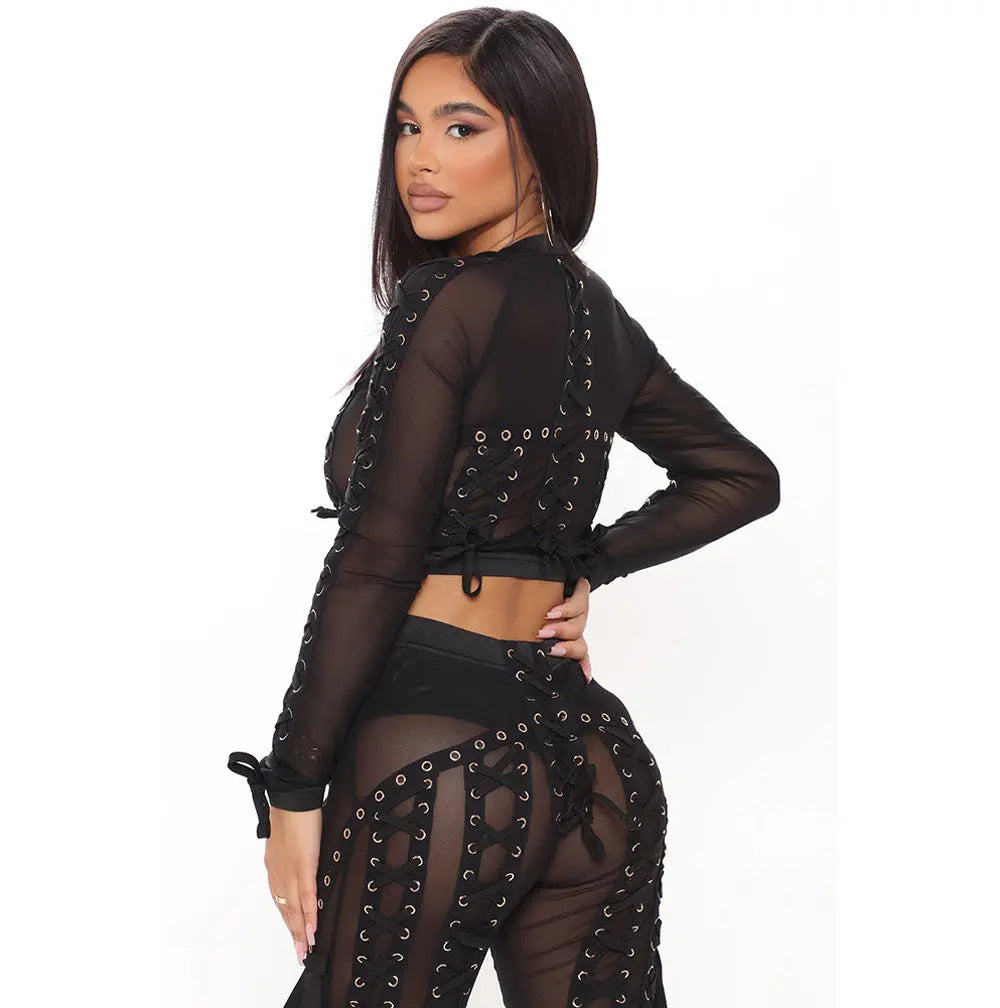 See-through Mesh Decoration Sexy Breathable Pants Strap Two-piece Suit Lady T Fashions