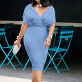 Women's Elegant Deep V Neck Wrap Bodycon Dress Back Zipper Pencil Midi Dress Lady T Fashions