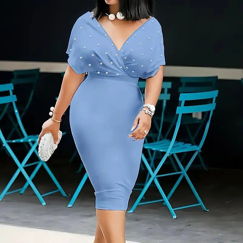 Women's Elegant Deep V Neck Wrap Bodycon Dress Back Zipper Pencil Midi Dress Lady T Fashions