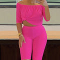 Sexy Solid Fashion Pantsuits Two-piece Set, Off Shoulder Short Sleeve Tops & Slim Shorts Set, Women's Clothing Lady T Fashions