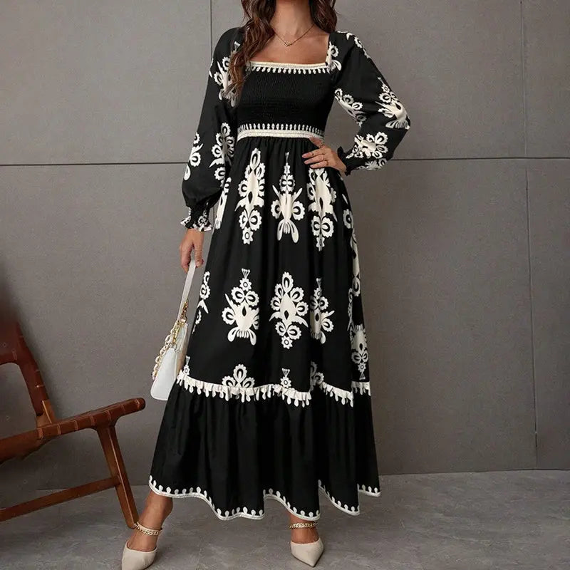 Elegant Women's Retro Geometric Print Lantern Sleeve Dress - Square Neck A-Line With Elastic Cuffs, Casual & Formal Dress Lady T Fashions