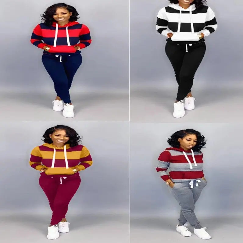 Women's Clothing Sweater Stitching Hooded Casual Sports Suit Lady T Fashions