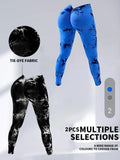 2 Pack Tie-Dye High Waist V-Back Yoga Leggings, Peach-Hip Enhancing Athleisure Tights, Sport Style Fitness Pants Lady T Fashions