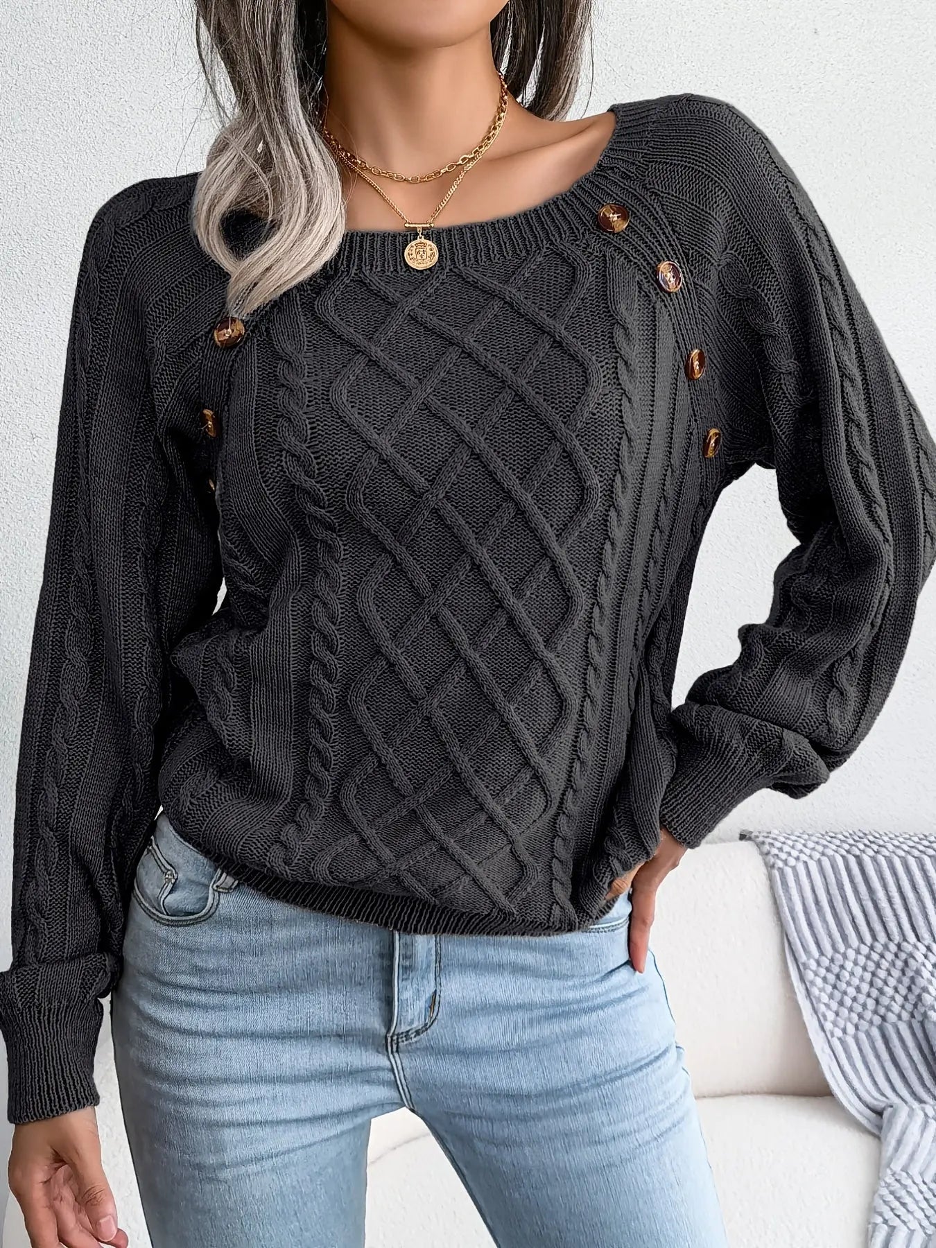 Texture Button Lantern Sleeve Sweater - Women's Round Neck Sweater Lady T Fashions