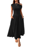 Slant Shoulder Sexy Waist Trimming Long With Pocket Dress Lady T Fashions