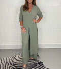Women's Fashion Simple Solid Color Long Top Long Pants Set Lady T Fashions