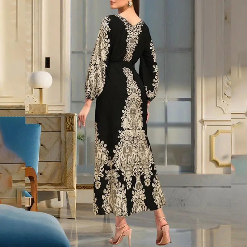 Women's Bohemian Floral Print Dress Ethnic Middle Eastern Style Long Sleeve Tiered Maxi Dress With Drawstring Waist Lady T Fashions