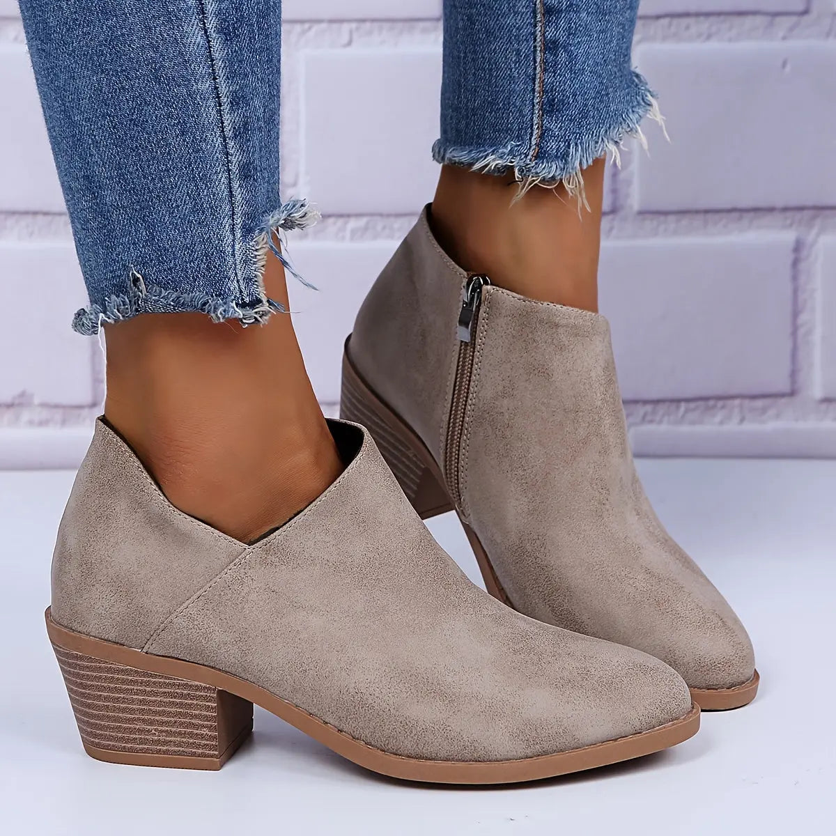Ankle Stacked Heel Women's Short Boots with V Cut Side Zipper and Non Slip Sole Lady T Fashions