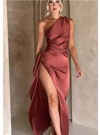 Sexy One-shoulder Backless Slit Dress Summer Elegant Slim-fit Solid Color Satin Dresses For Women Lady T Fashions