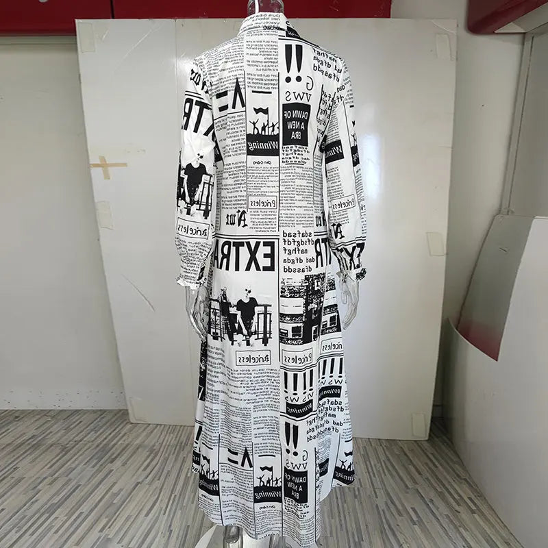Women's Long Sleeve Newspaper Print Shirt Dress Button Down Casual Long Dress Lady T Fashions
