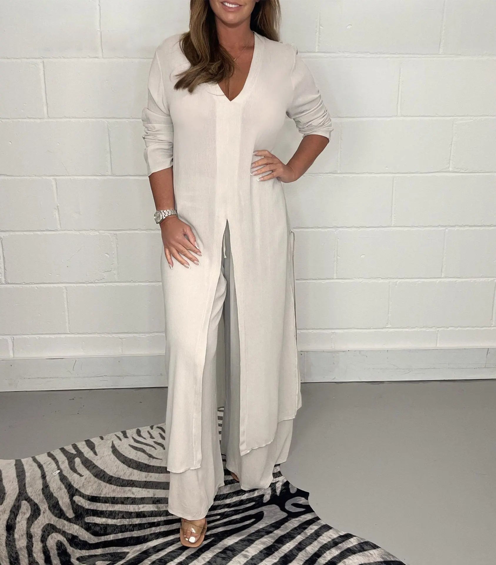 Women's Fashion Simple Solid Color Long Top Long Pants Set Lady T Fashions