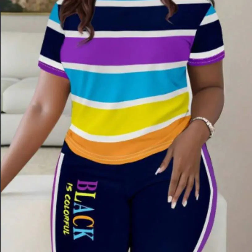 Women Fashionable Colorful Stripe Print T-shirt And Pants Casual Set Lady T Fashions
