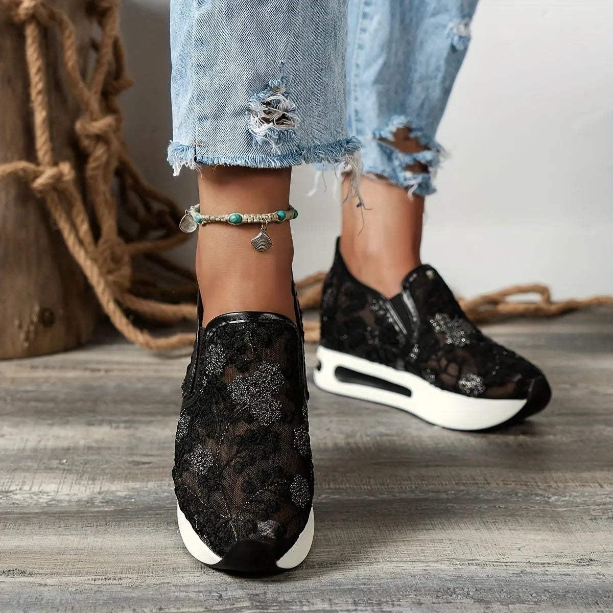 Stunning Floral Lace Platform Shoes - Fashion Sneakers with Height Increasing, Slip-On Design, Low Top Style, and Versatile Casual Wear - Perfect for Everyday Outings and Special Occasions Lady T Fashions