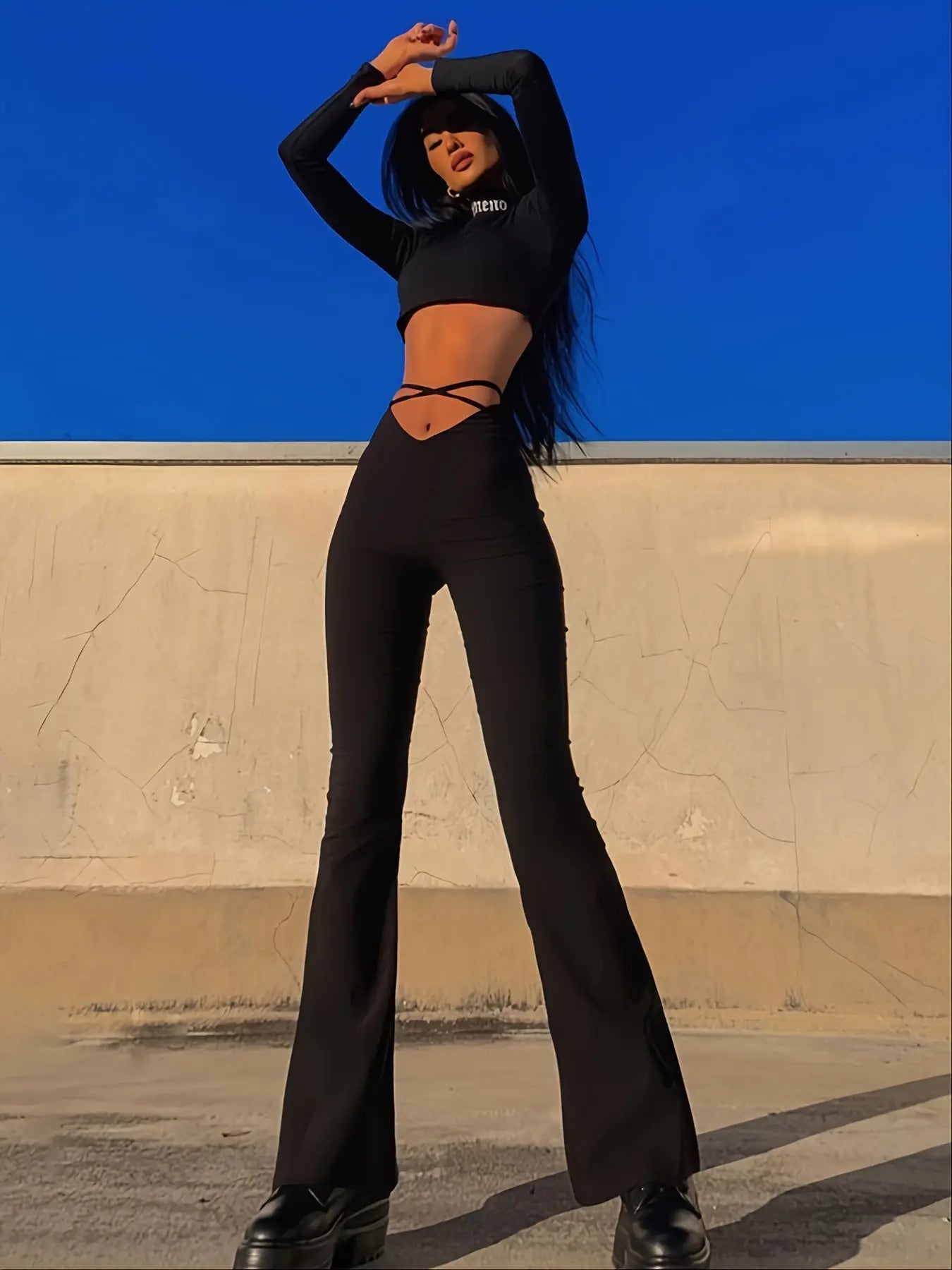 Long Length Solid Criss Cross Flare Leggings - High Waist Fitted, Elastic Waist, Mid Elasticity, Cross Strap, Sheer, Machine Washable - Perfect for Weekend Casual, Fall Season, Young Women Lady T Fashions