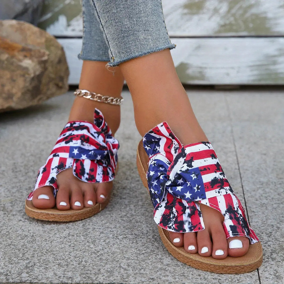 Women's Flag Pattern Slide Sandals, Bowknot Toe Loop Slip On Flat Shoes, Casual Sandals For The 4th Of July Summer Casual Shoes For Independence Day Lady T Fashions
