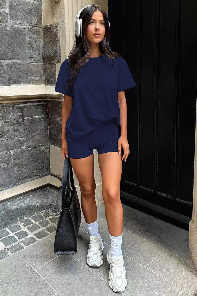 Three Piece Set, Round Neck Short Sleeved Top And Shorts And Pants Set, Sports And Casual Clothing Lady T Fashions