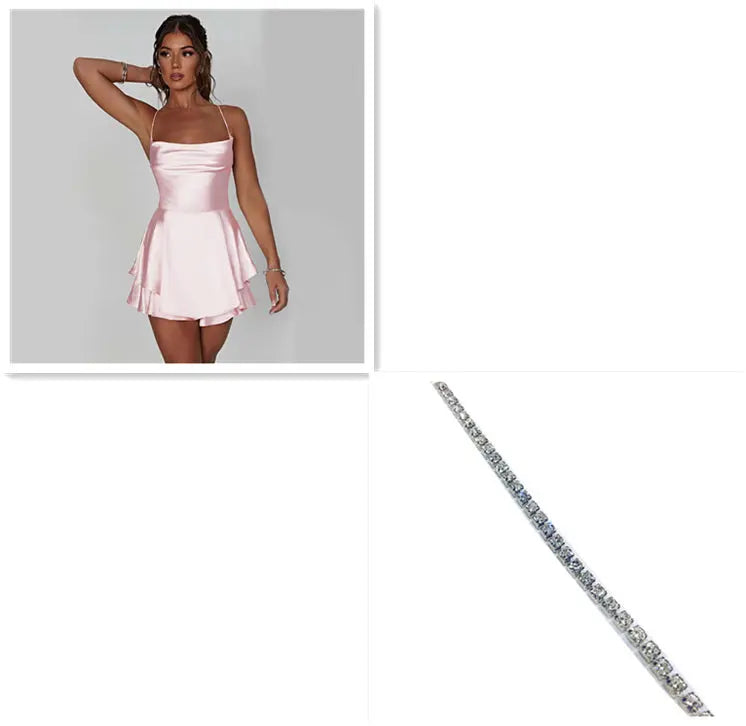 Sexy Suspender Skirt For Women Elegant Slim Strap Satin Backless Lace Up A-Line Short Dress Lady Lady T Fashions