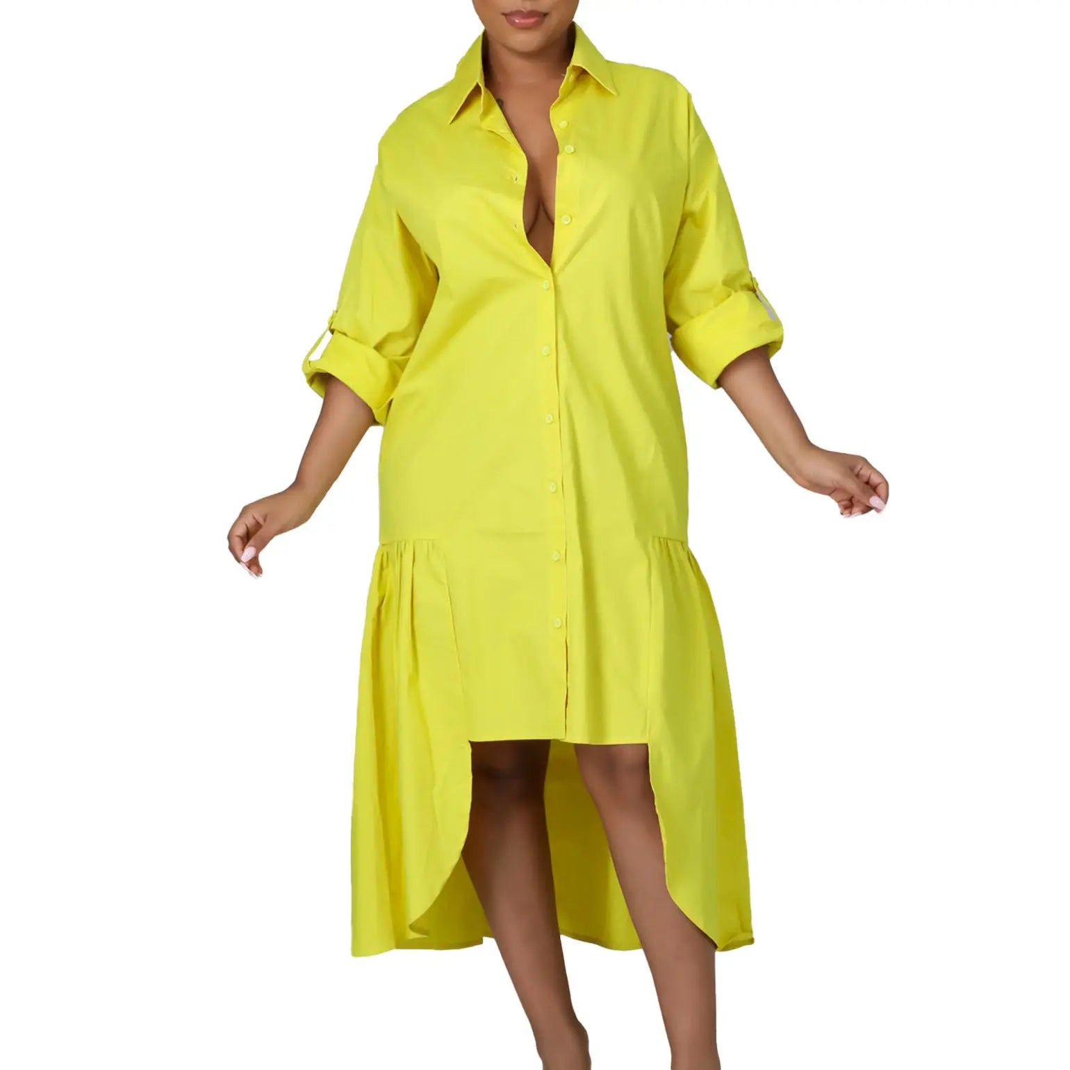 Loose-fitting Long Sleeves Irregular Midi Dress Solid Color Lady T Fashions