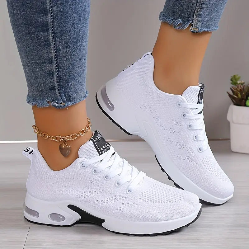 Plus Size Women's Comfortable Air Cushion Low Top Running Sneakers, Lace Up Knitted Outdoor Athletic Shoes Lady T Fashions