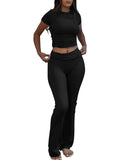 Casual Solid Color Slim Fit Two-piece Pants Set, Short Sleeved Round Neck T-shirt And Tight Flared Pants Sports Pants Clothing, Women's Clothing Lady T Fashions