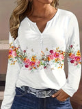 Spring And Autumn New Style White Buttoned Rose Print Long Sleeve T-shirt Casual Top Lady T Fashions