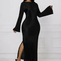 Ladies' Solid Color Fashionable Autumn And Winter Flared Sleeve Ribbed Slit Elegant Long Sleeved Dress Lady T Fashions