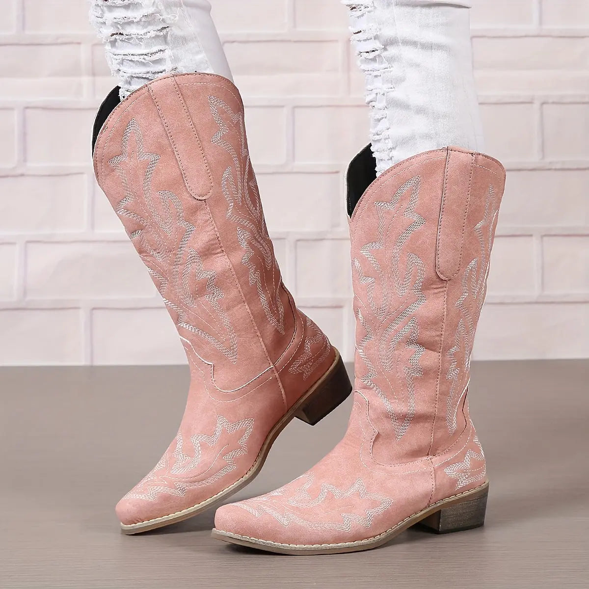 [Retro Cowgirl Boots] Retro Style Women's Western Mid Calf Boots | V-cut Embroidery Cowgirl Boots, Pointed Toe Slip On Shoes Lady T Fashions