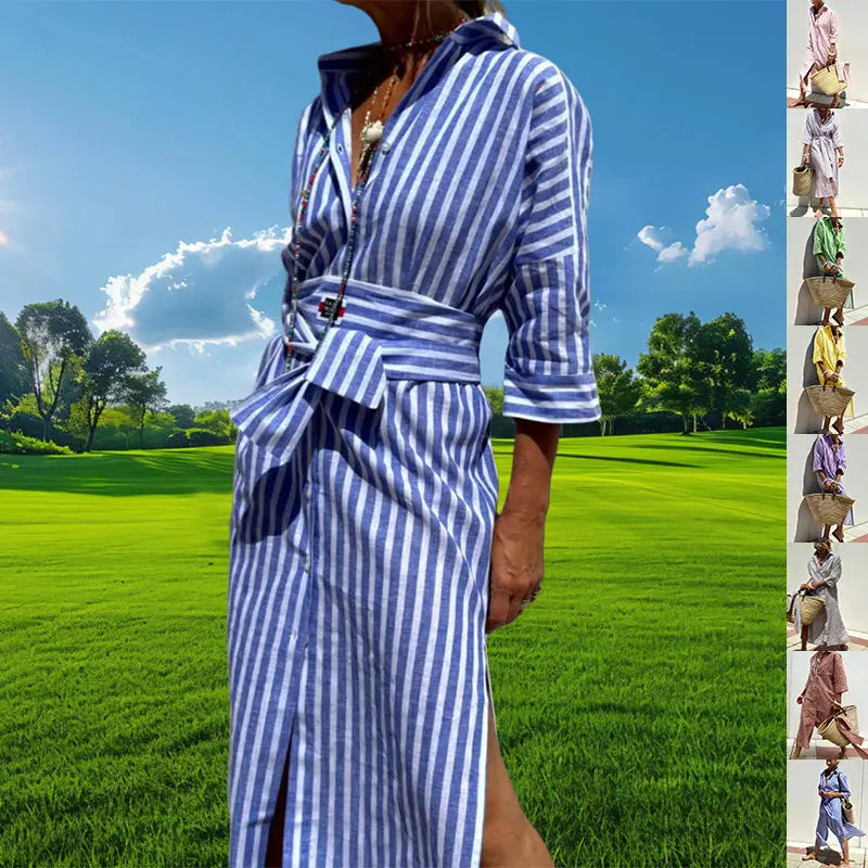 Striped Shirt Dress With Belt Fashion Half-sleeved Lapel Button Cardigan Dresses Women's Clothing Lady T Fashions