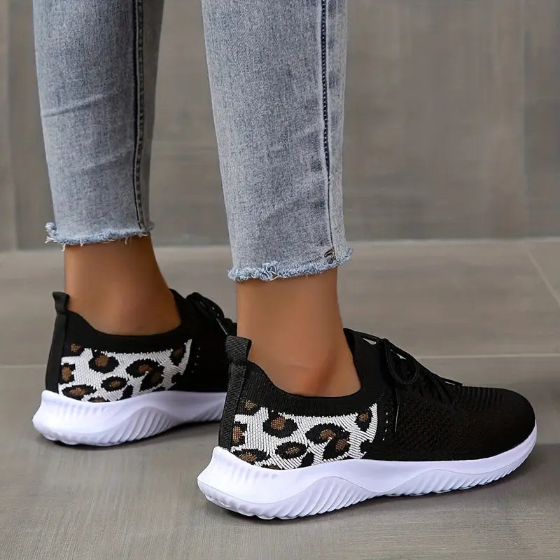 Women's Leopard Knit Sports Shoes, Breathable Lace Up Low Top Running Shoes, Casual Walking Tennis Sneakers Lady T Fashions