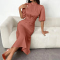 Women's Short Sleeve Mock Neck Ruched Midi Dress Slim Fit Elegant Party Dress Lady T Fashions