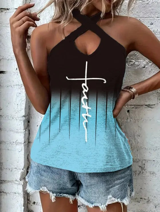 Ladies' Printed Backless Chest Hollow Hanging Neck Fashionable Casual Camisole Top Lady T Fashions
