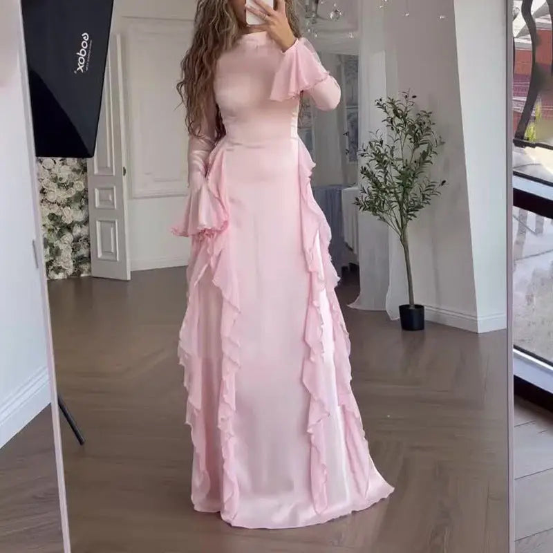 Women's Round-neck Flared Sleeves Temperament High Waist Slimming Patchwork Dress Lady T Fashions