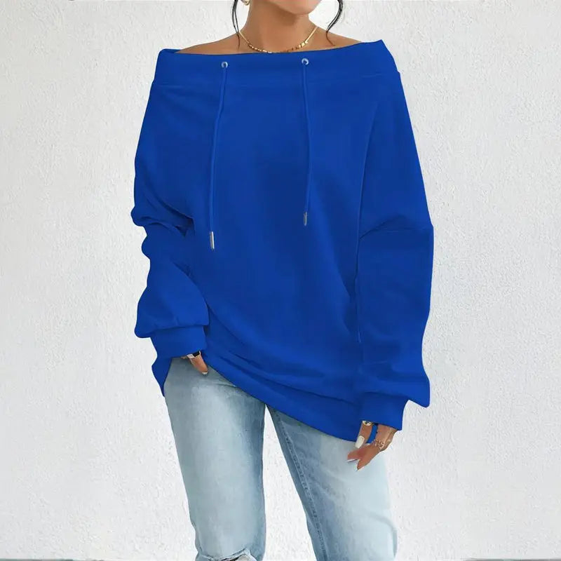Plus Size Women's Solid Color Off-Shoulder Long Sleeve Pullover With Drawstring - Casual Ribbed Detail Top For Spring&Fall Lady T Fashions