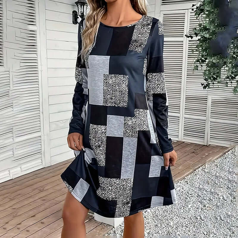 Women's Round Neck Long Sleeve Dress - Digital Print Casual Elegant Spring & Fall Dress Lady T Fashions