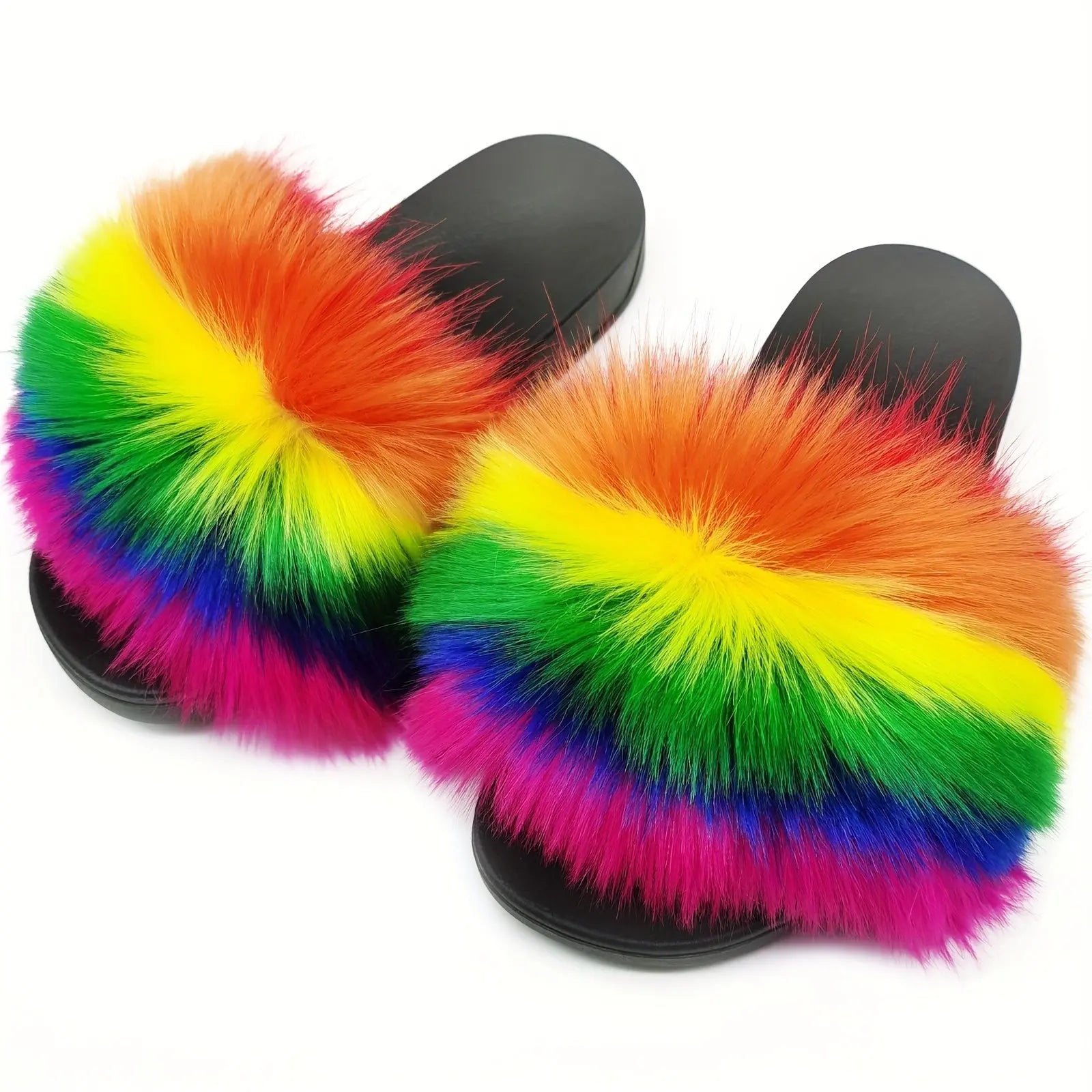 Women's Rainbow Fur Slippers, Comfortable Open Toe Slip On House Shoes, Women's Fashion Slippers Lady T Fashions