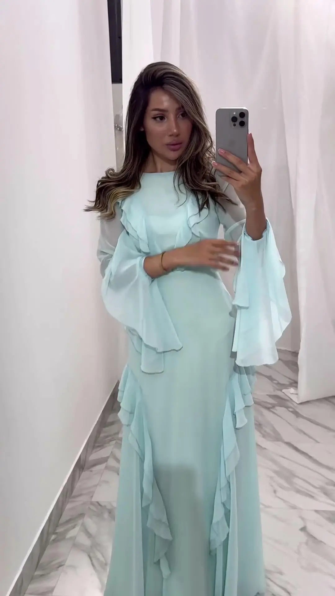Round Neck Ruffled Long Sleeve Maxi Dress Lady T Fashions