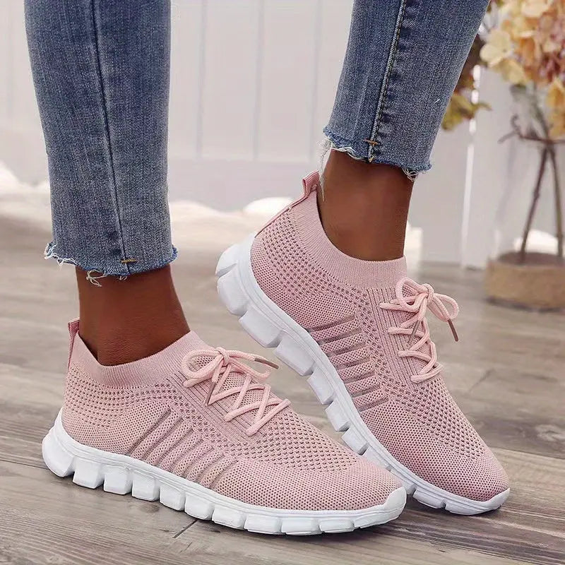 Women's Mesh Breathable Running Shoes, Solid Color Lace Up Front Summer Walking Shoes, Flying Woven Casual Sneakers Lady T Fashions