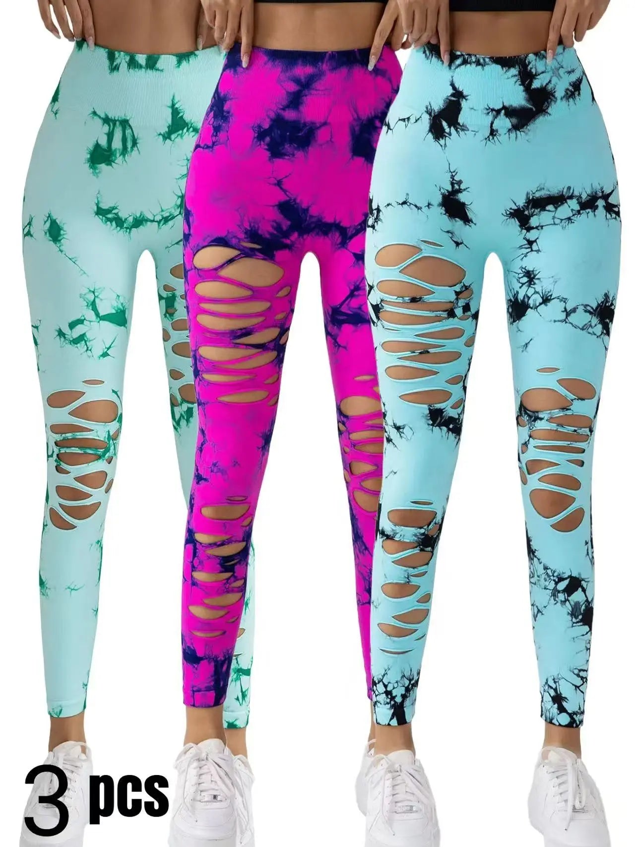 3 Pack New Style Hollow-Out Tie-Dye High-Waisted Tummy-Control Yoga Pants Lady T Fashions