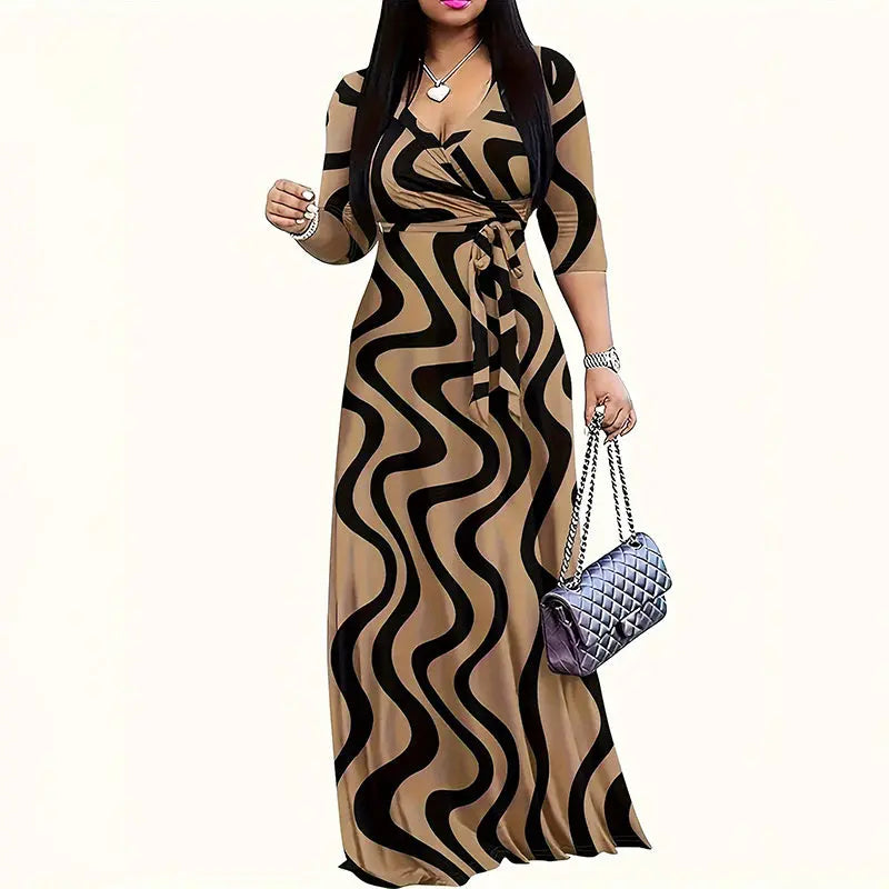 Women's V-Neck Elegant Half-Sleeve Belted Waist Print Maxi Dress For Spring&Summer Dress Lady T Fashions